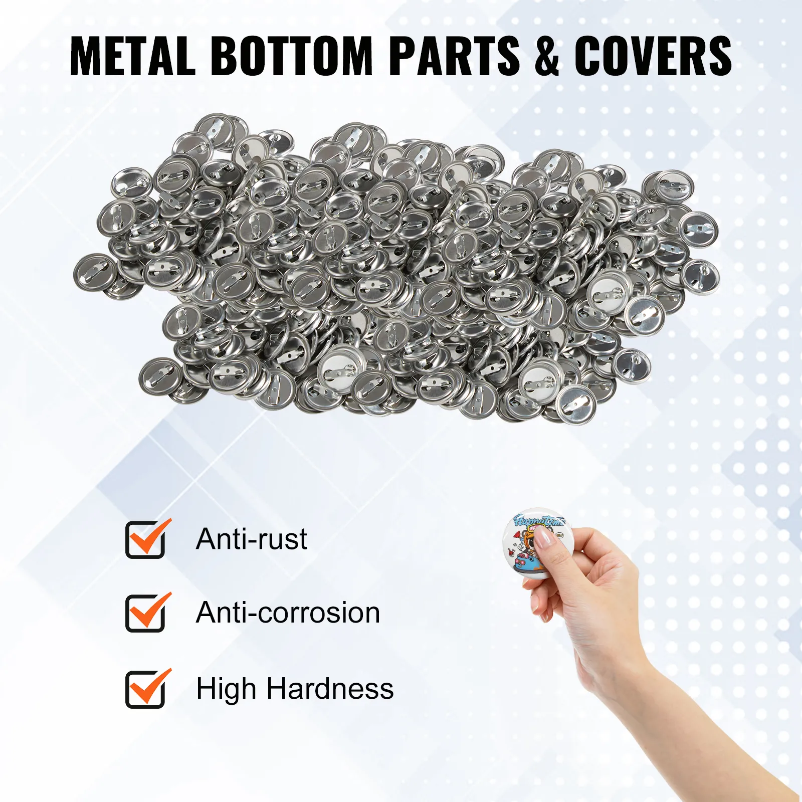 VEVOR button badge parts, with metal bottoms and covers, anti-rust, anti-corrosion, and high hardness.