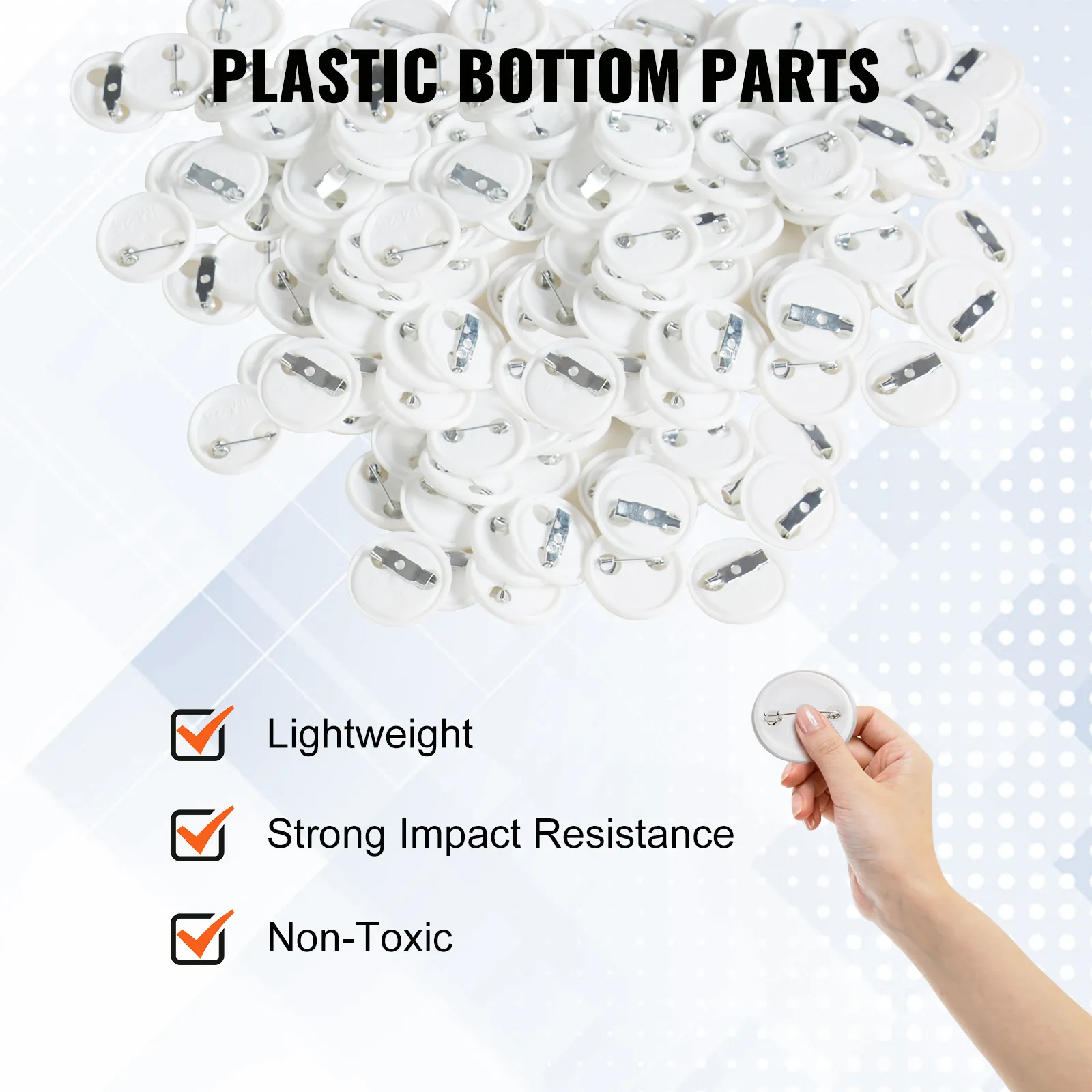VEVOR button badge parts pile with individual hand-held piece; lightweight, strong impact resistance, non-toxic.
