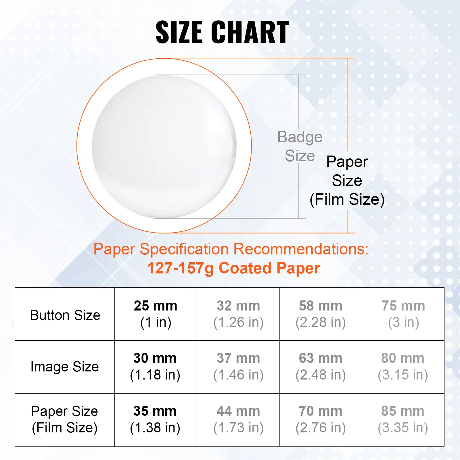 size chart for VEVOR button badge parts, showing button, image, and paper sizes in millimeters and inches.