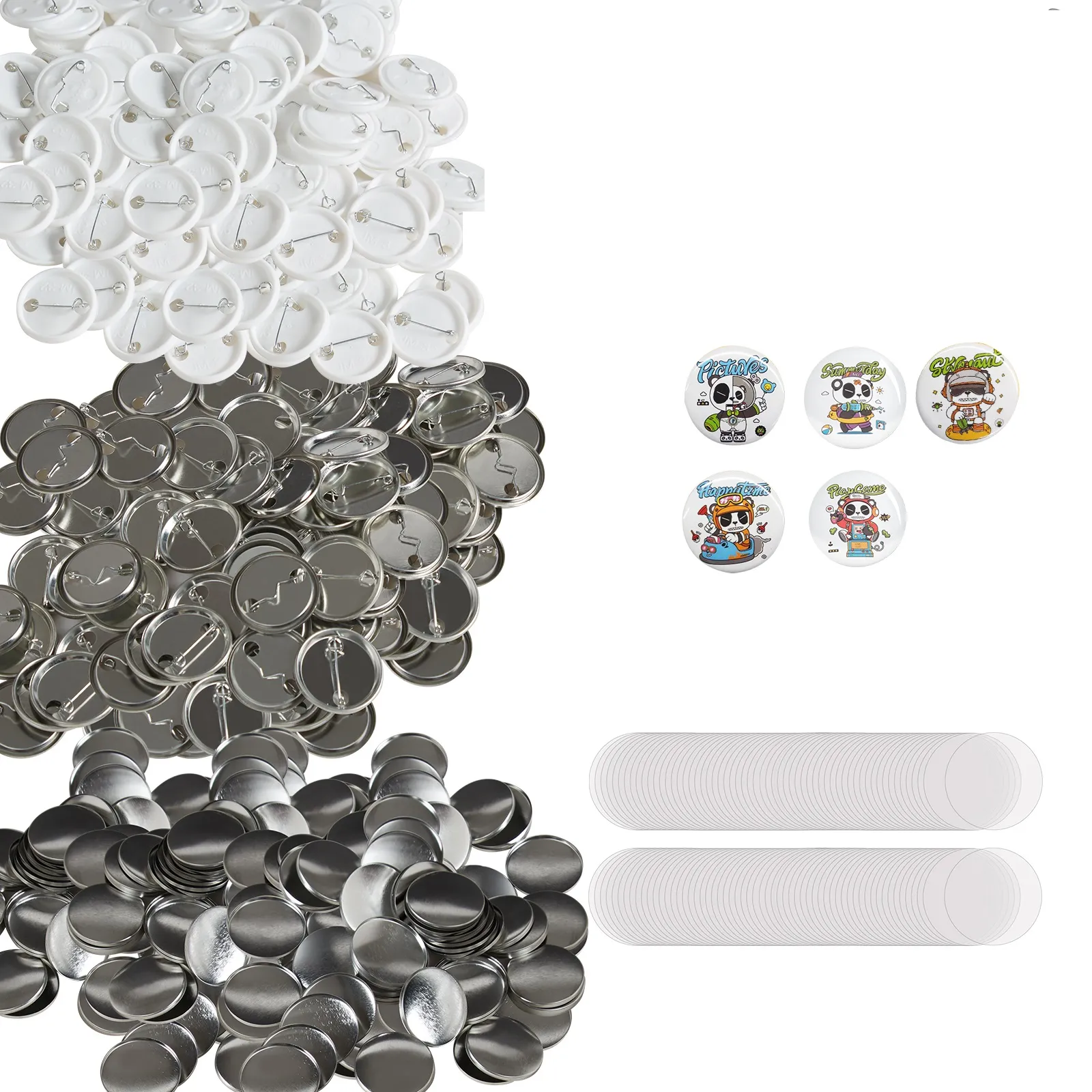 colorful VEVOR button maker machines and button parts, including pinbacks, shells, and festive button designs.