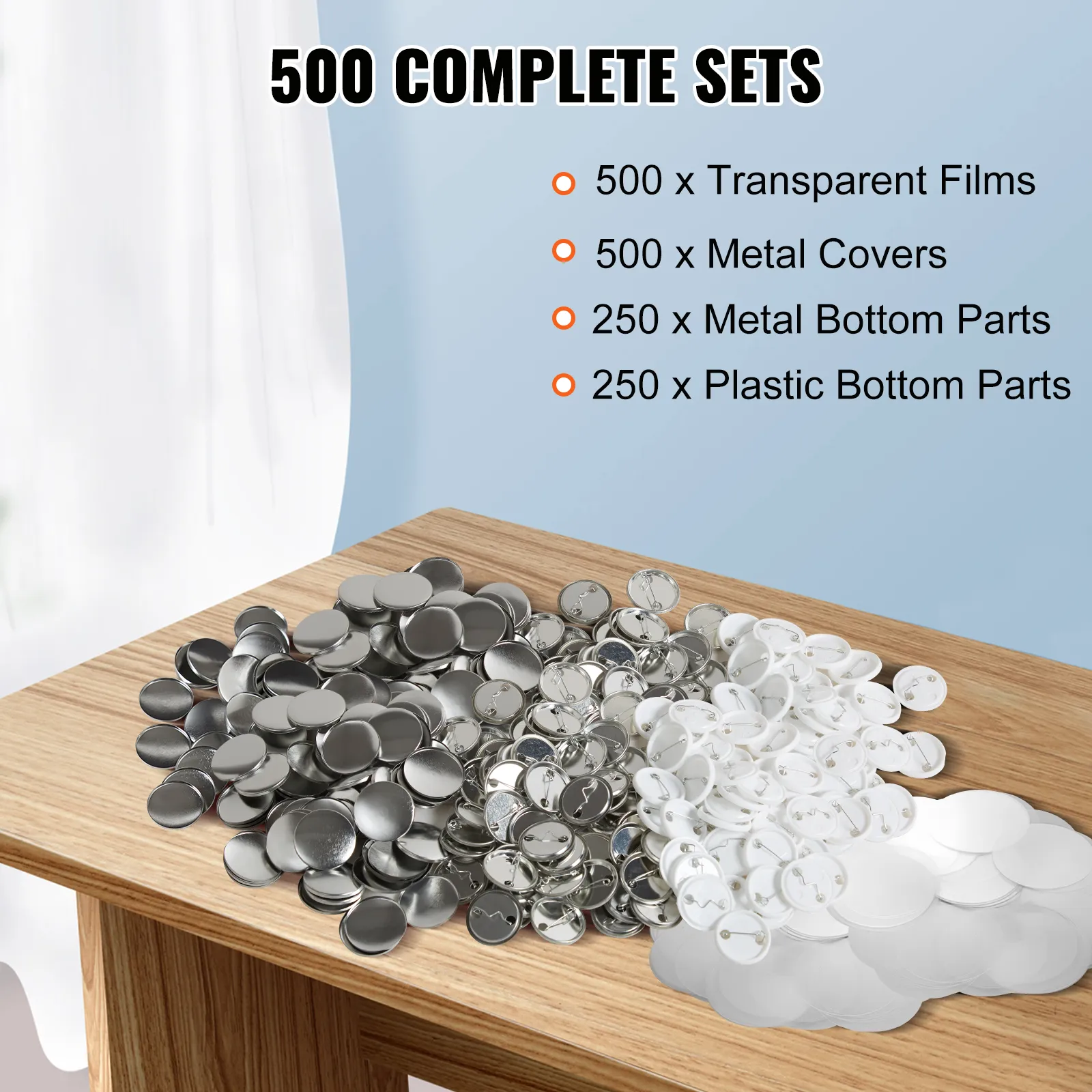 VEVOR button maker parts on a wooden table, with metal covers, transparent films, and plastic bottom parts.