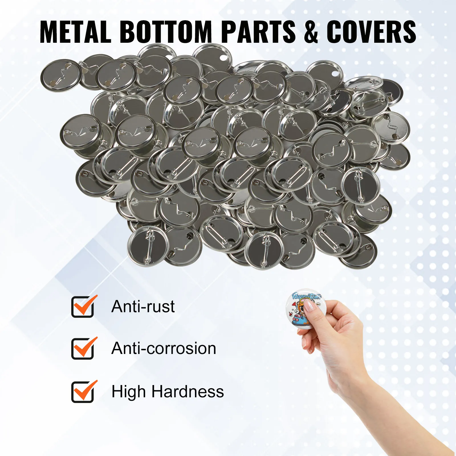 VEVOR button maker parts, metal backs and covers, anti-rust, anti-corrosion, high hardness.
