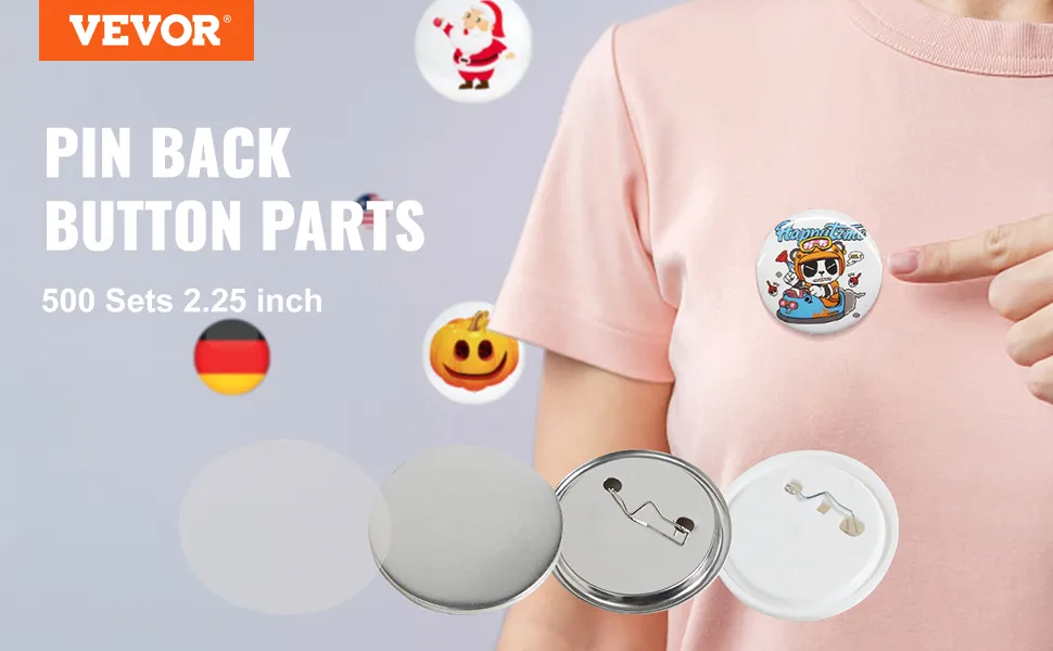 VEVOR button badge parts, 500 sets, 2.25 inch, pin back button parts, cartoon character on shirt.