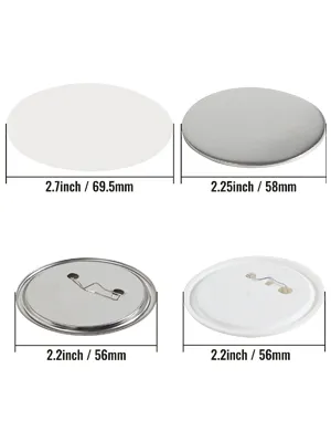 VEVOR button badge parts with metal backing and clear covers arranged neatly.