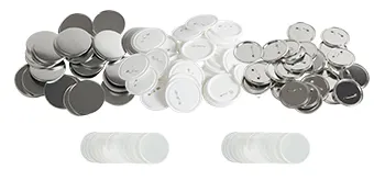 various VEVOR button badge parts arranged in piles, including metal and plastic components.