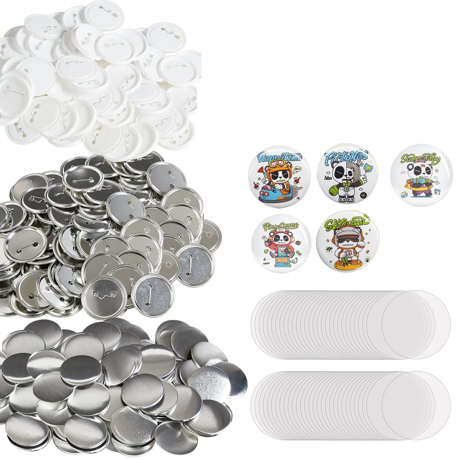 VEVOR button badge parts with tools, pin badges, and various badge components.