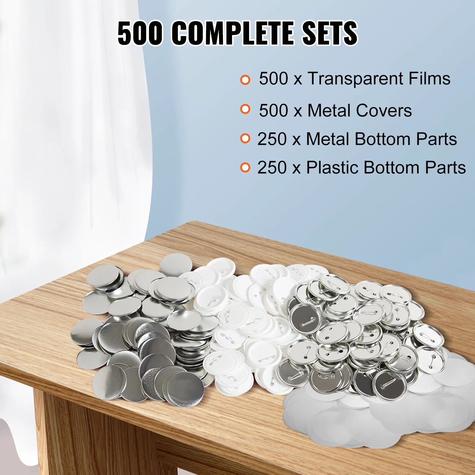 VEVOR button badge parts set on table, 500 complete sets with films, covers, and bottom parts.