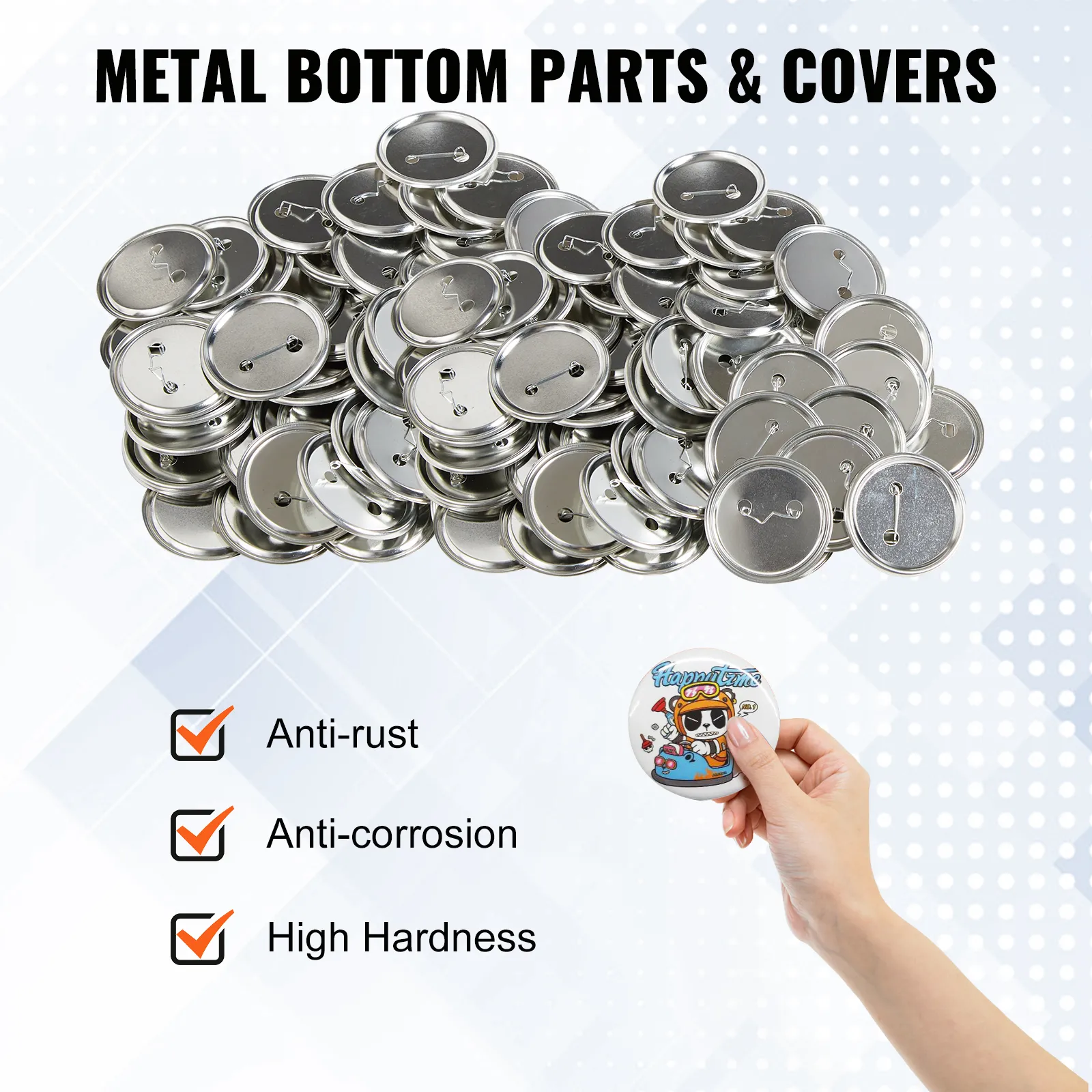 VEVOR button badge parts: anti-rust, anti-corrosion metal bottoms and covers with high hardness.