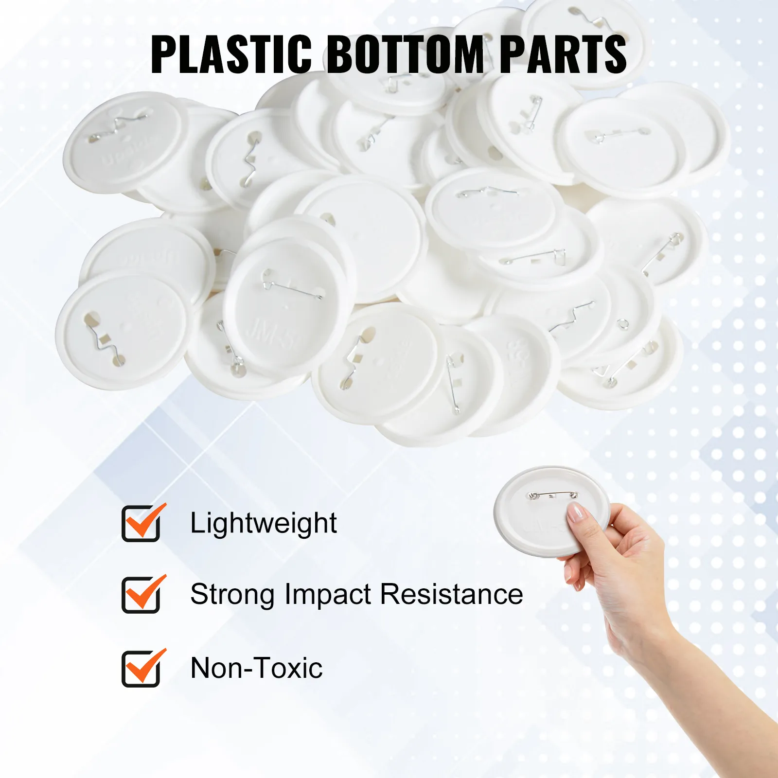 VEVOR button badge parts: plastic, lightweight, strong impact resistance, non-toxic, held by a hand.