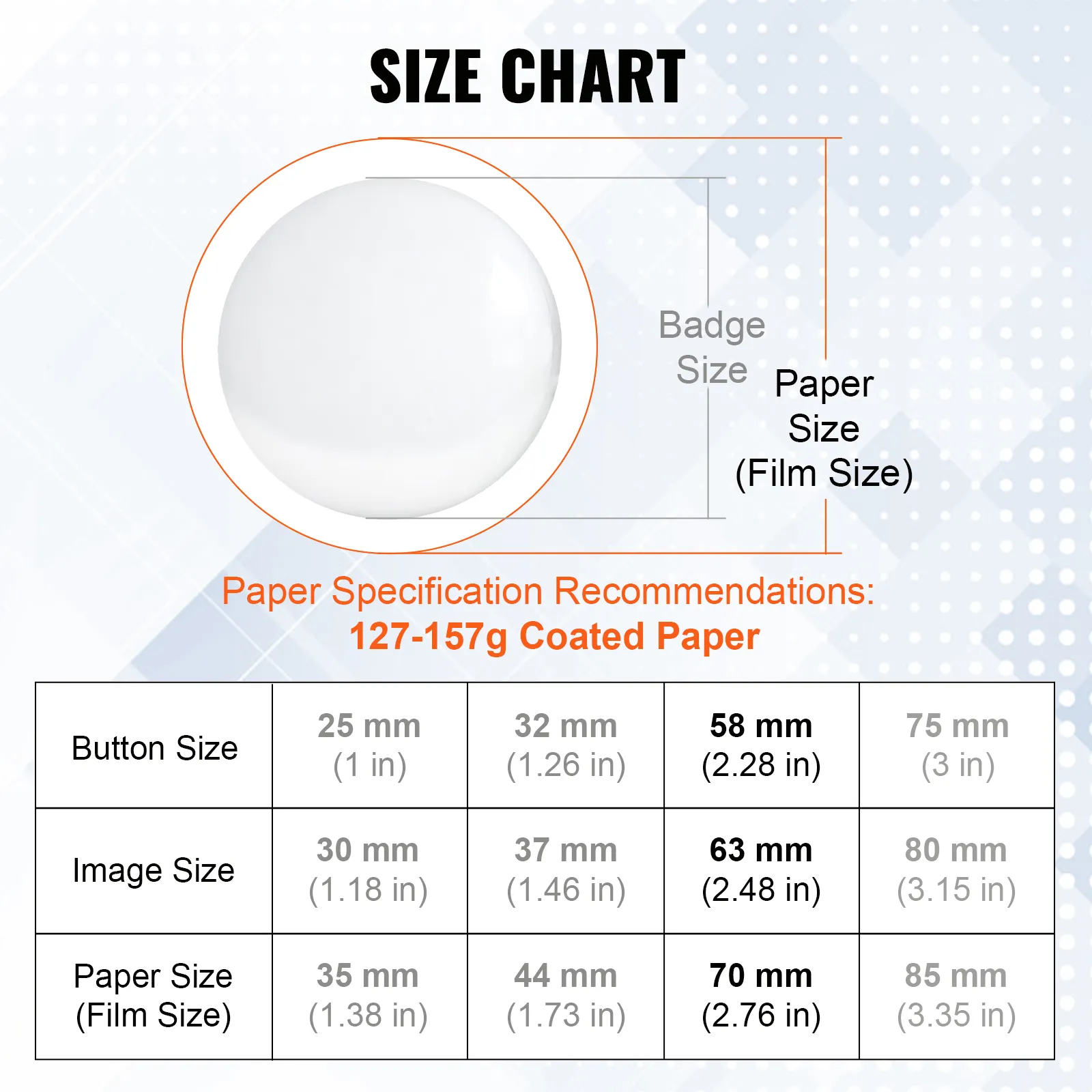 VEVOR button badge parts size chart with badge, paper, and image dimensions in mm and inches.