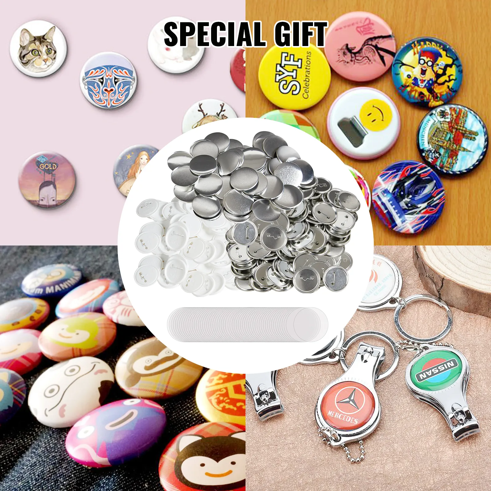 VEVOR button badge parts with diverse custom designs, keychains, and a variety of colorful pins.