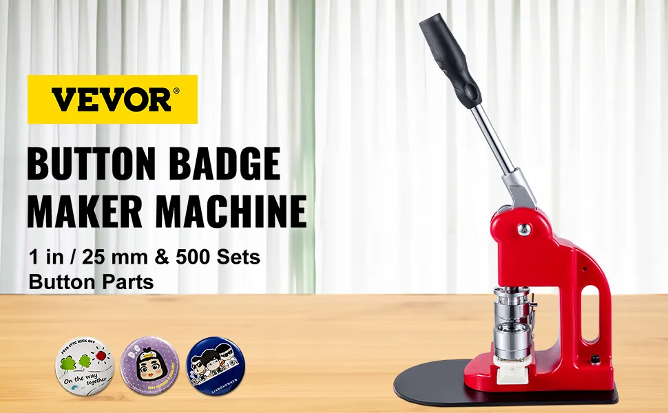 VEVOR button maker machine with three sample button designs on a wooden surface.