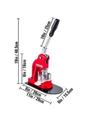 VEVOR button maker with ergonomic handle and detailed measurements in red.