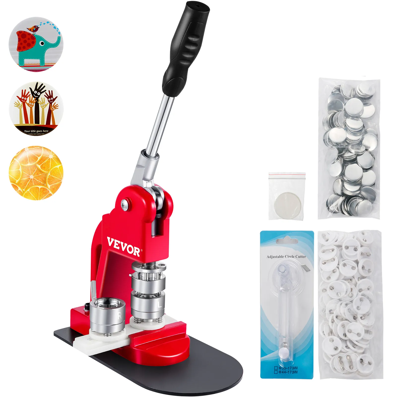 VEVOR button maker, red with accessories, button samples, and adjustable circle cutter.