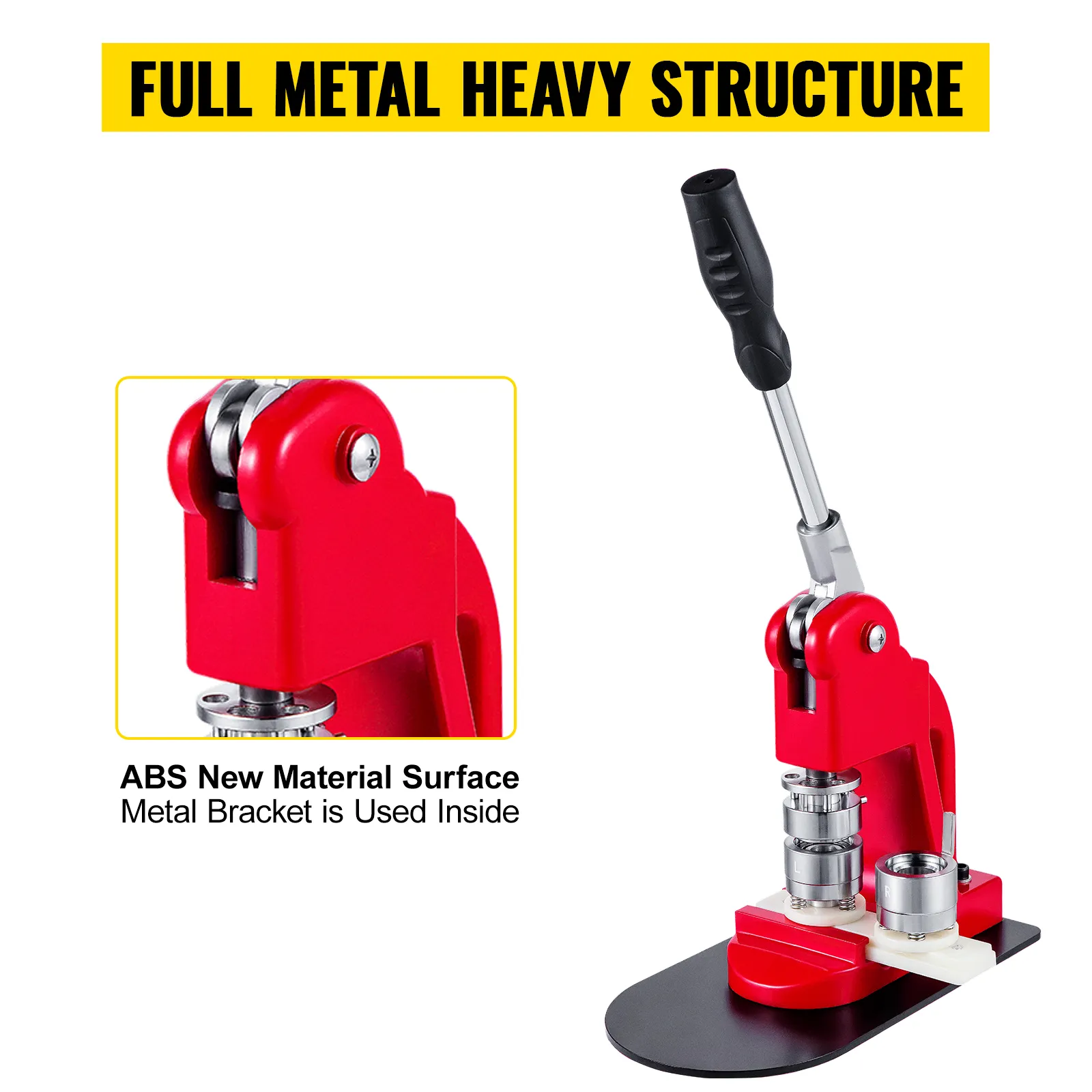 red VEVOR button maker with full metal structure and abs material construction.