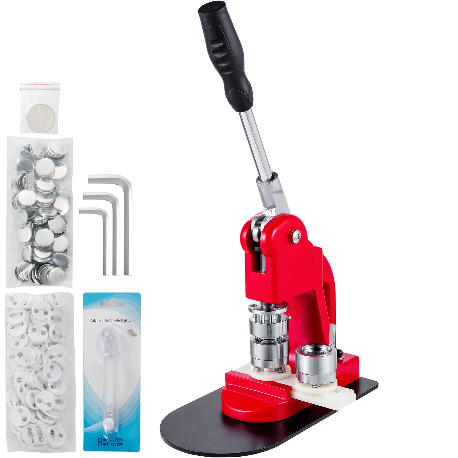 Máquina para fabricar insignias con botones rojos VEVOR con suministros y herramientas.