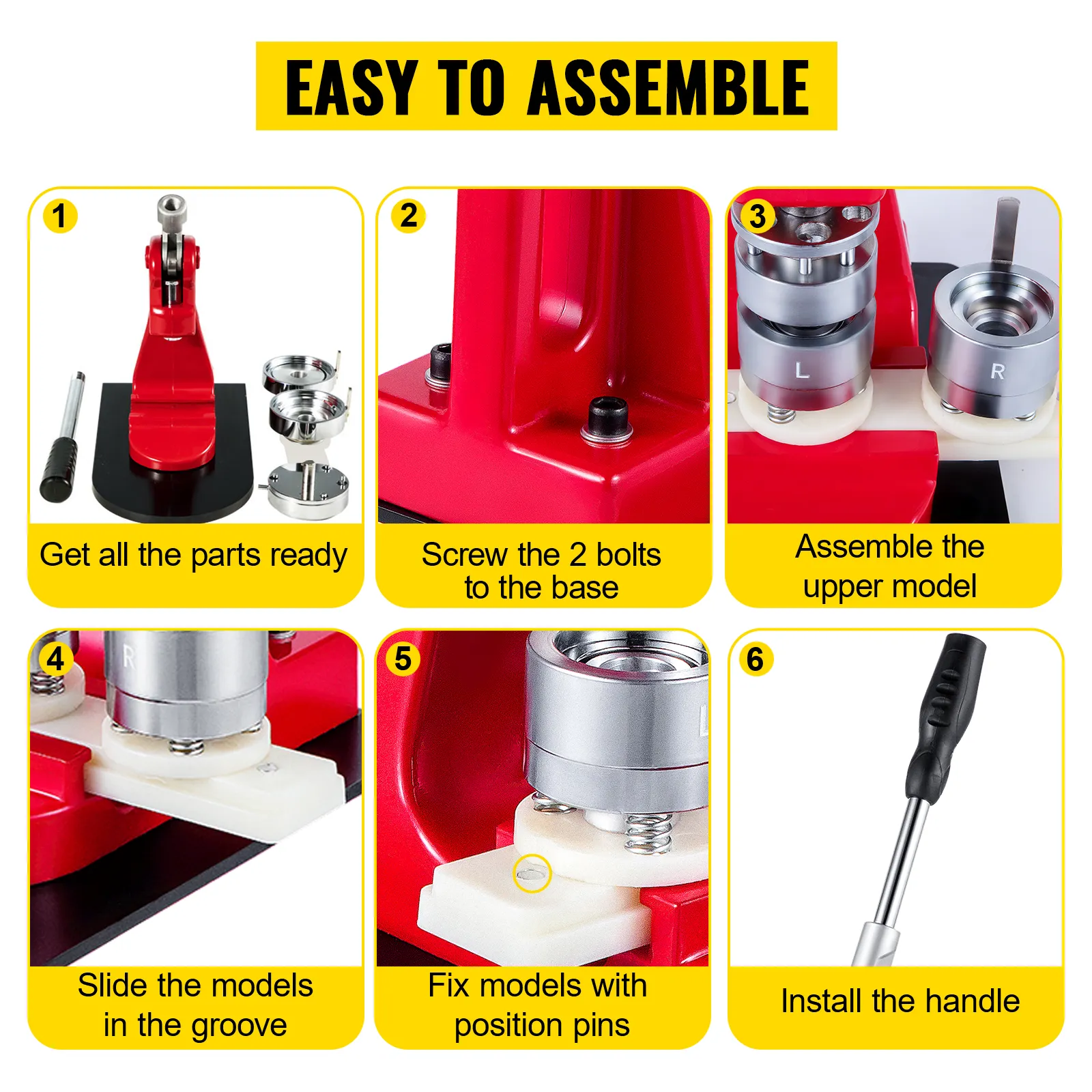 VEVOR button maker assembly steps with instructions and numbered visuals.