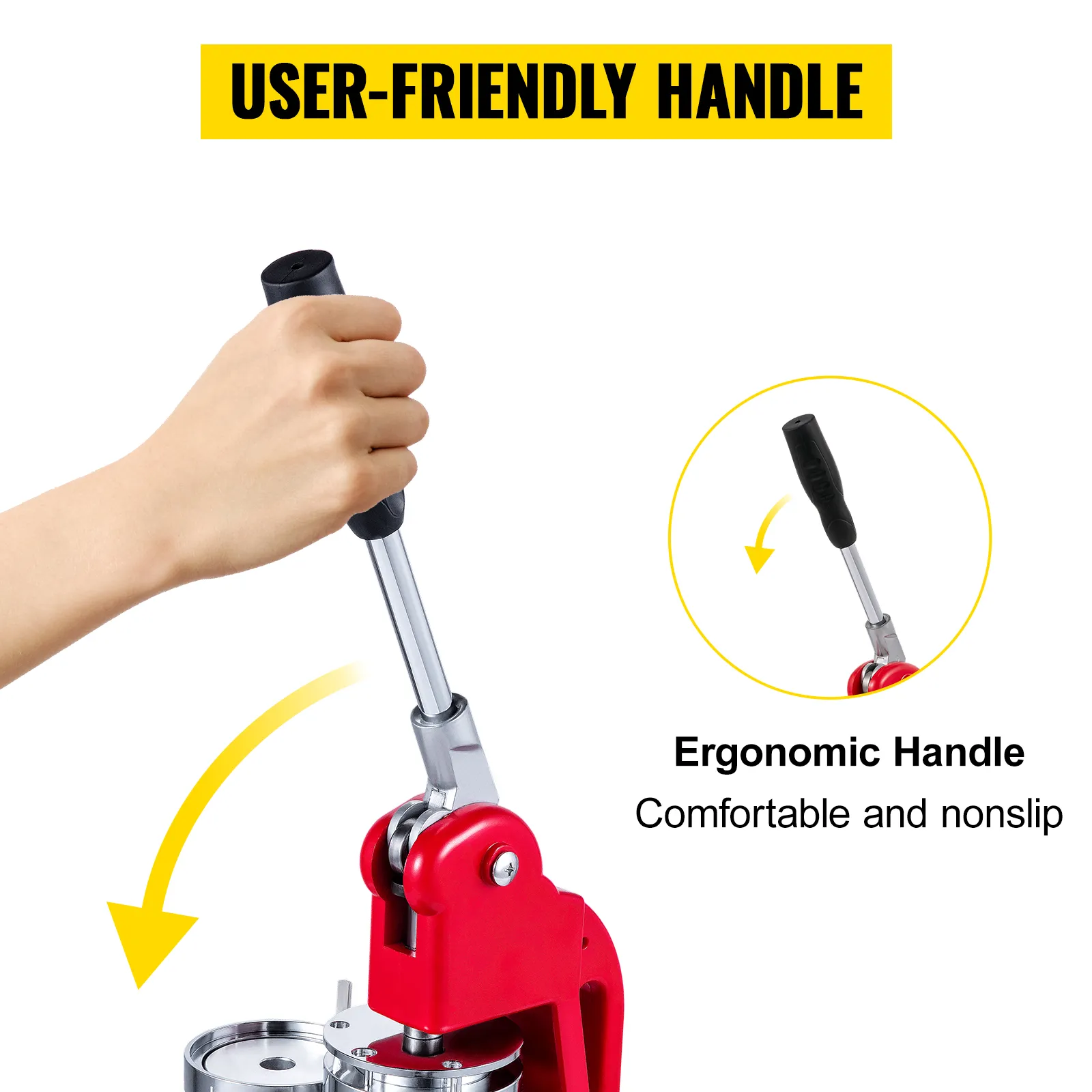 user holding ergonomic handle of a VEVOR button maker, showcasing comfort and nonslip grip.