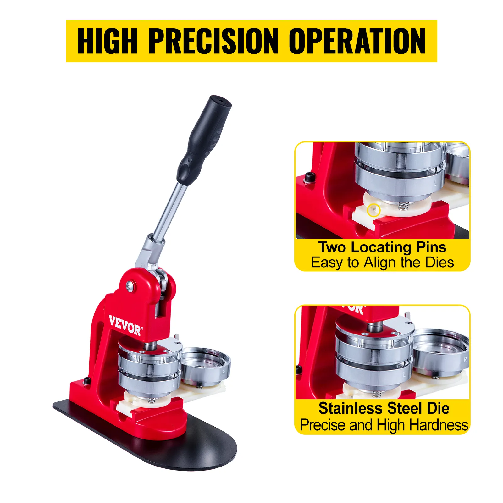 VEVOR button maker with high precision operation and easy-to-align locating pins.