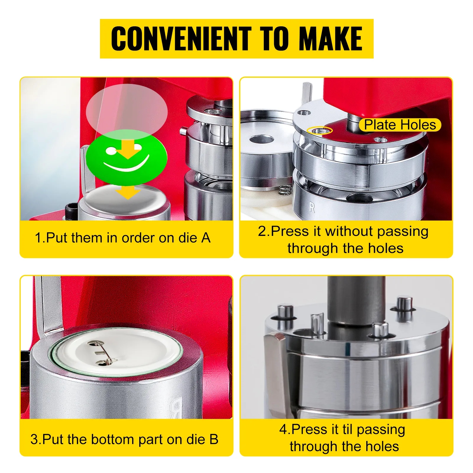VEVOR button maker step-by-step process with labeled dies and instructions