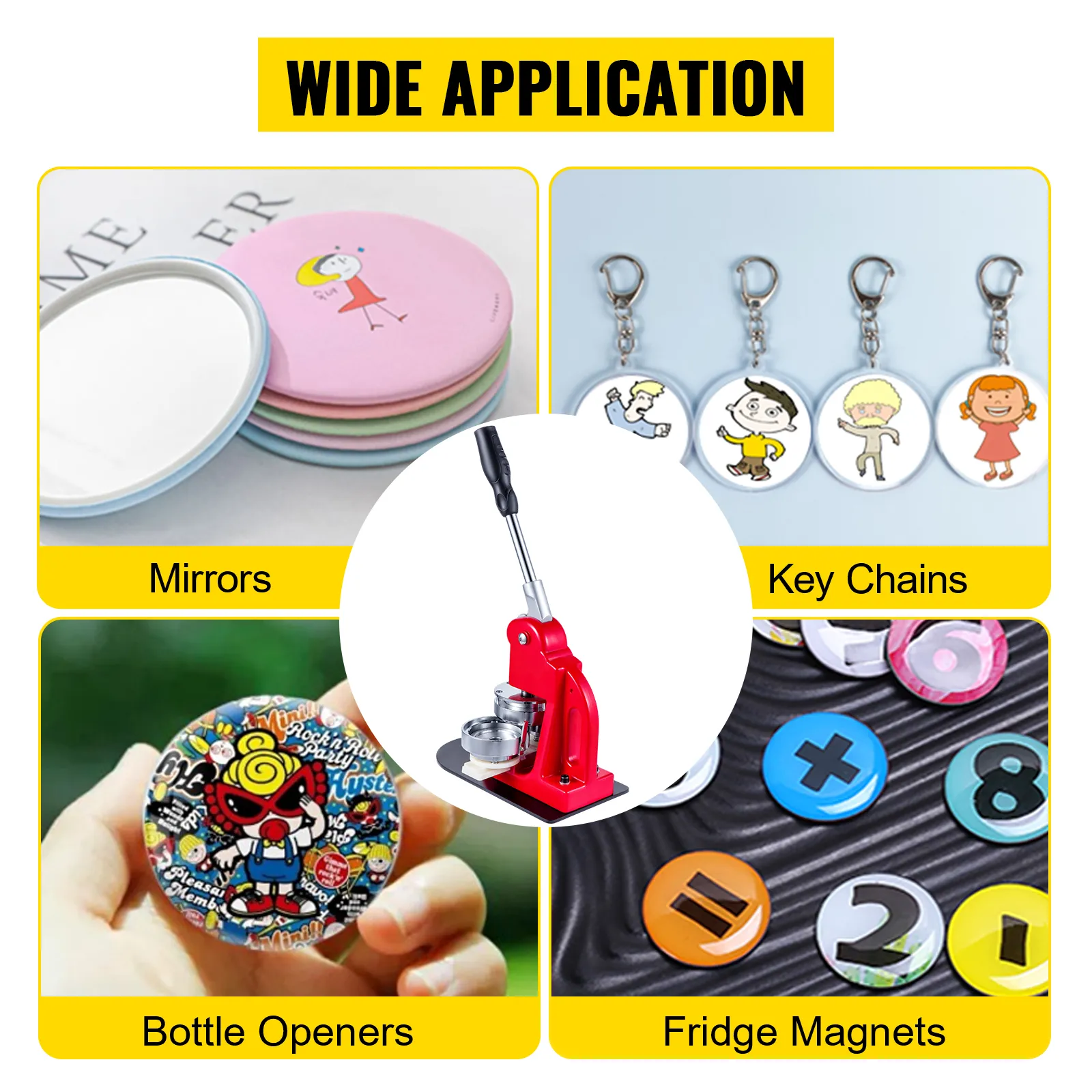 VEVOR button maker for mirrors, key chains, bottle openers, and fridge magnets.