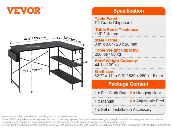 VEVOR l shaped computer desk, black, detailed specifications, dimensions, and package contents.