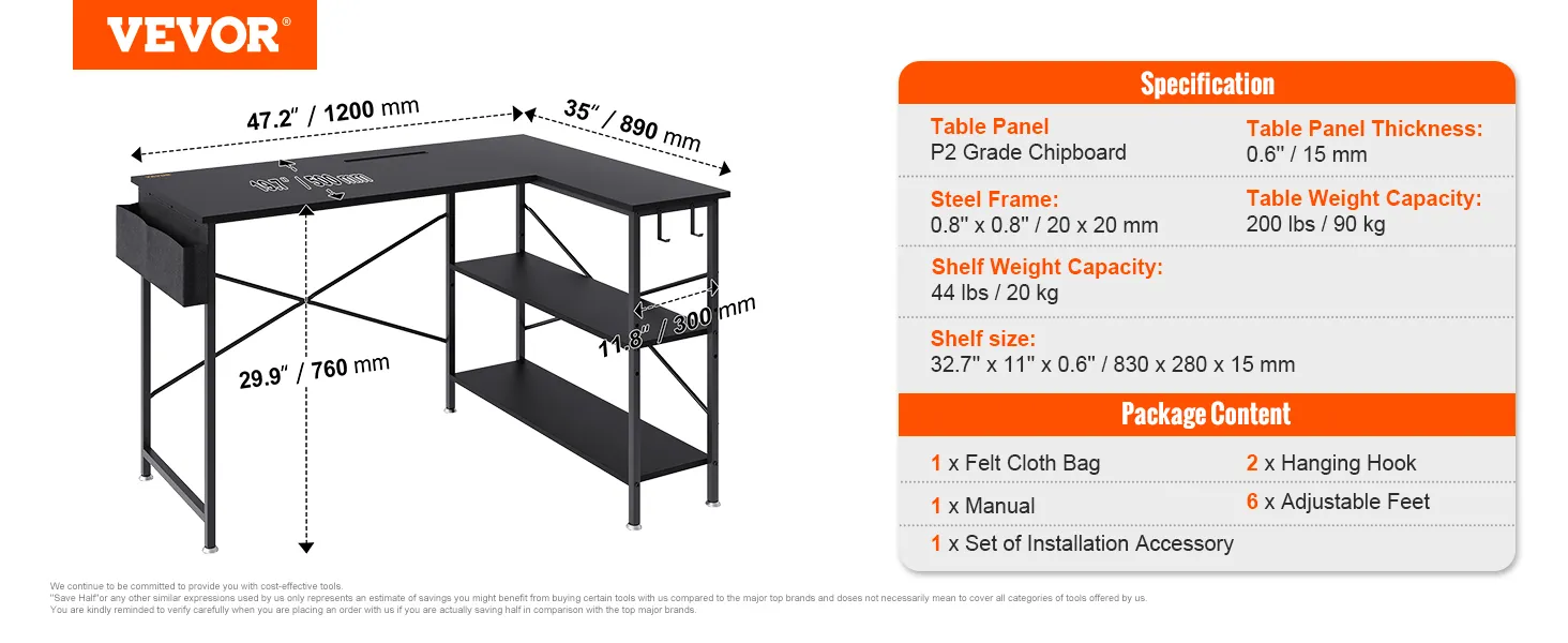 VEVOR l shaped computer desk, black, detailed specifications, dimensions, and package contents.