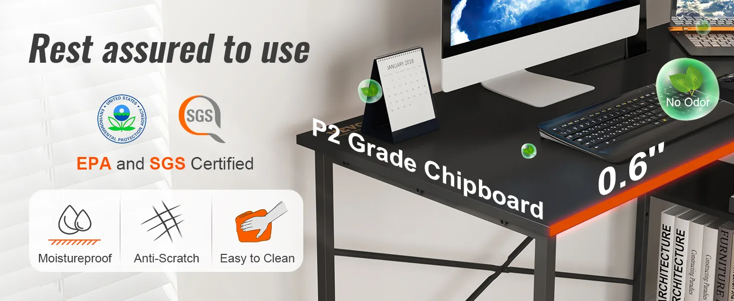 epa and sgs certified VEVOR l shaped computer desk, moistureproof, anti-scratch, easy to clean.