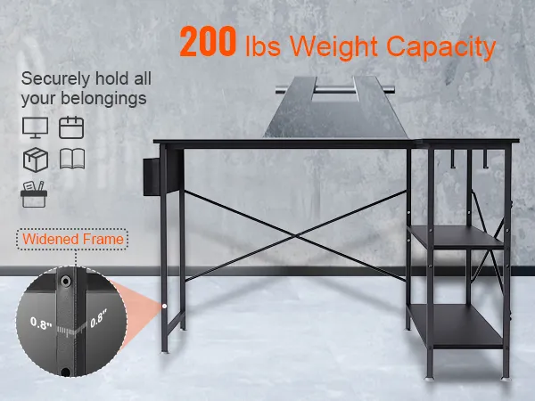 VEVOR l shaped computer desk with 200 lbs weight capacity, widened frame, and storage shelves.