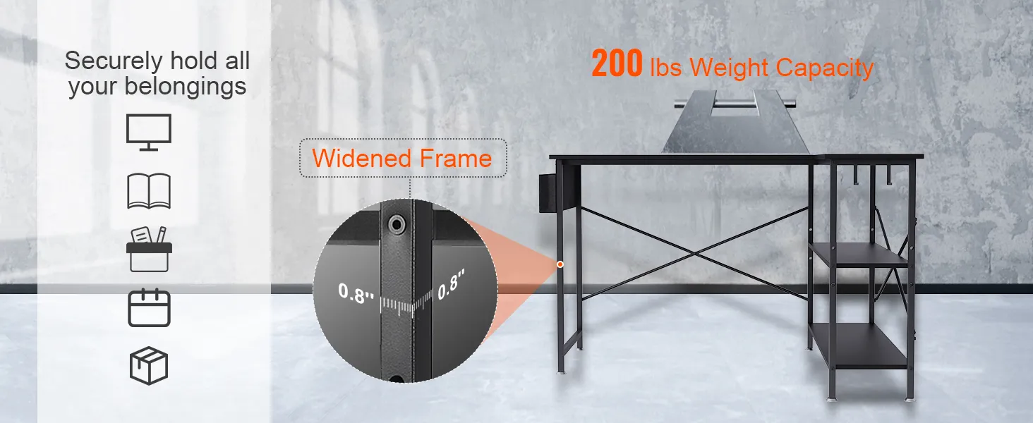 VEVOR l shaped computer desk with 200 lbs weight capacity, widened frame, and storage shelves.