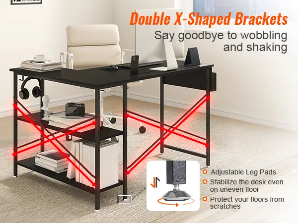 VEVOR l shaped computer desk with double x-shaped brackets, adjustable leg pads, and storage shelves.