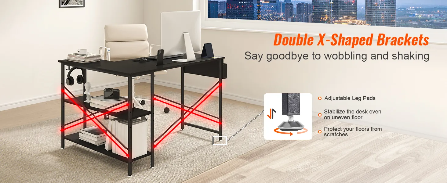 VEVOR l shaped computer desk with double x-shaped brackets, adjustable leg pads, and storage shelves.