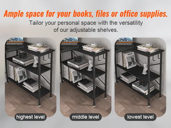 adjustable shelves on VEVOR l shaped computer desk for organizing books, files, and office supplies.
