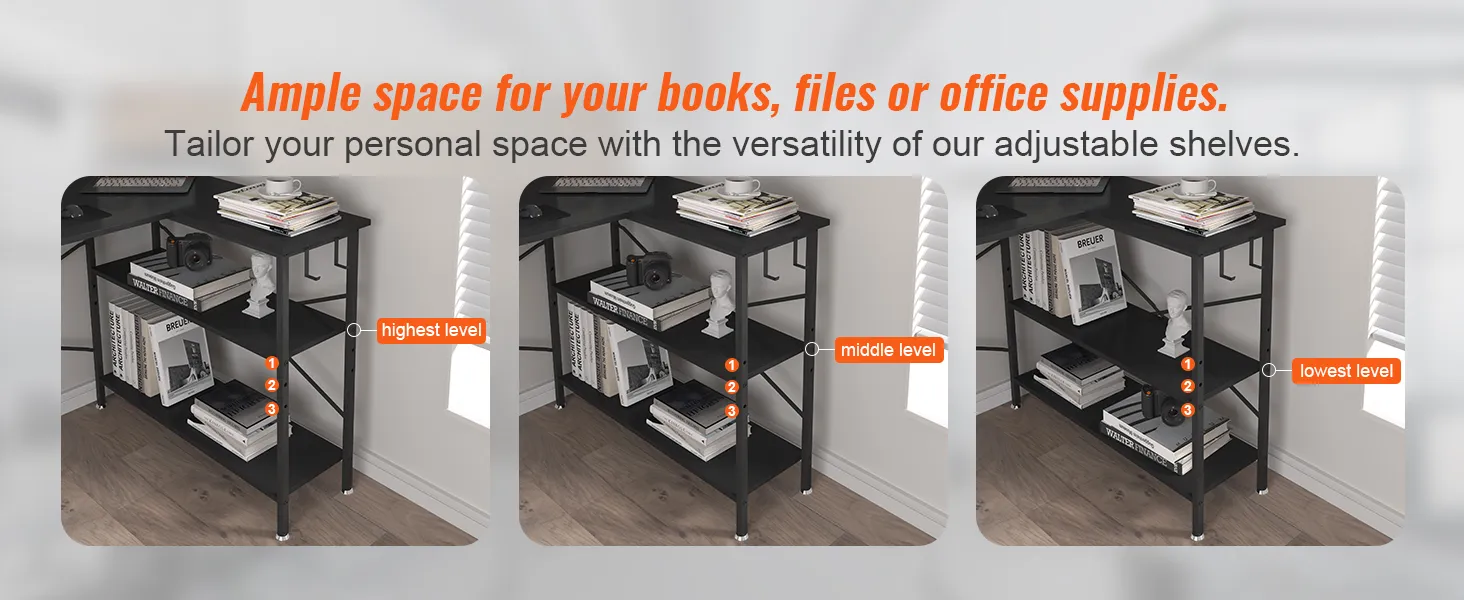 adjustable shelves on VEVOR l shaped computer desk for organizing books, files, and office supplies.