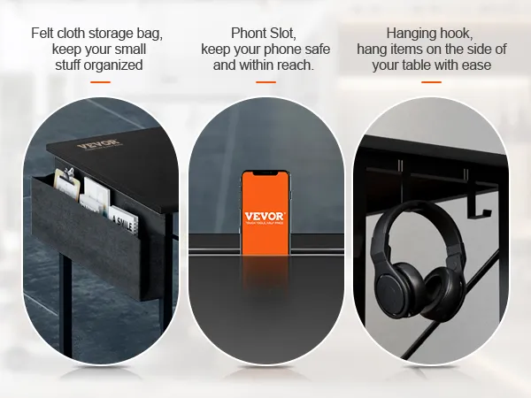 felt cloth storage bag, phone slot, and hanging hook on VEVOR l shaped computer desk.