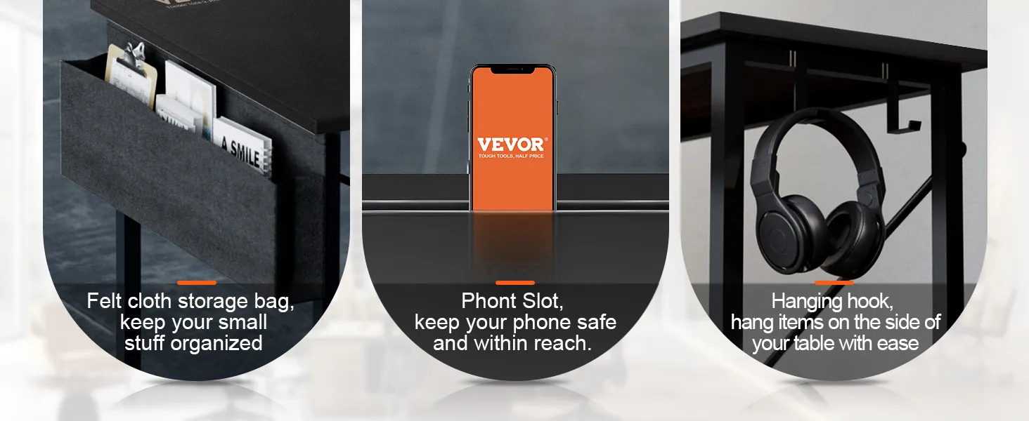 felt cloth storage bag, phone slot, and hanging hook on VEVOR l shaped computer desk.