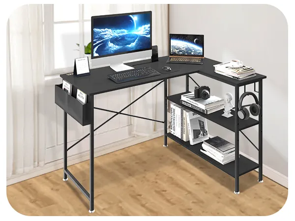 VEVOR l shaped computer desk with dual monitors, bookshelves, headphones, and accessories in modern office.
