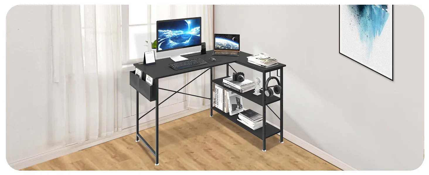 VEVOR l shaped computer desk with dual monitors, bookshelves, headphones, and accessories in modern office.