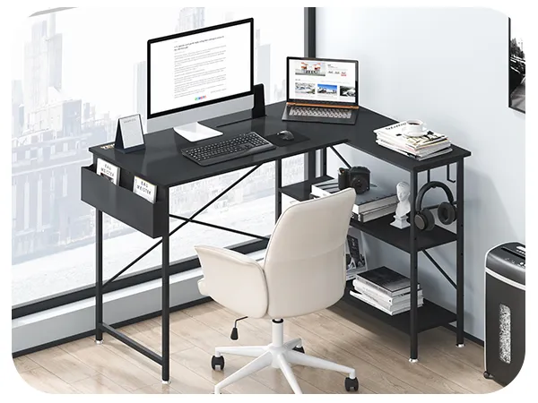 modern office with VEVOR l shaped computer desk, white chair, dual monitors, bookshelves, and city view.