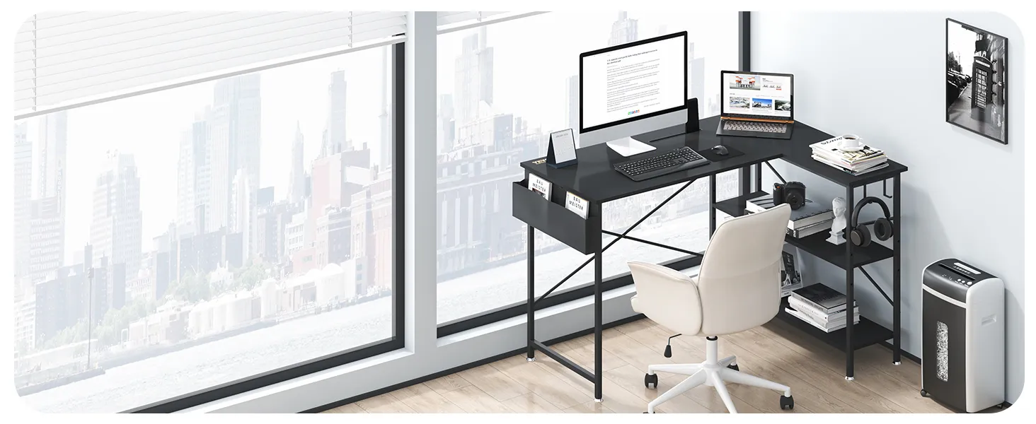 modern office with VEVOR l shaped computer desk, white chair, dual monitors, bookshelves, and city view.