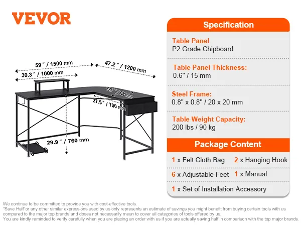 VEVOR l shaped computer desk with dimensions, steel frame, and package content details.