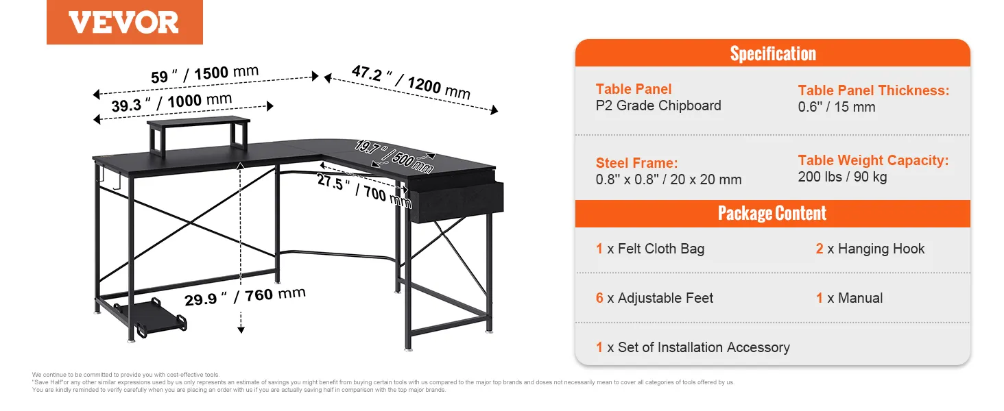 VEVOR l shaped computer desk with dimensions, steel frame, and package content details.