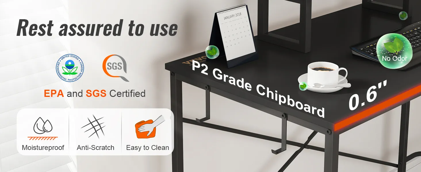 epa and sgs certified VEVOR l shaped computer desk, p2 grade chipboard, moistureproof, anti-scratch.