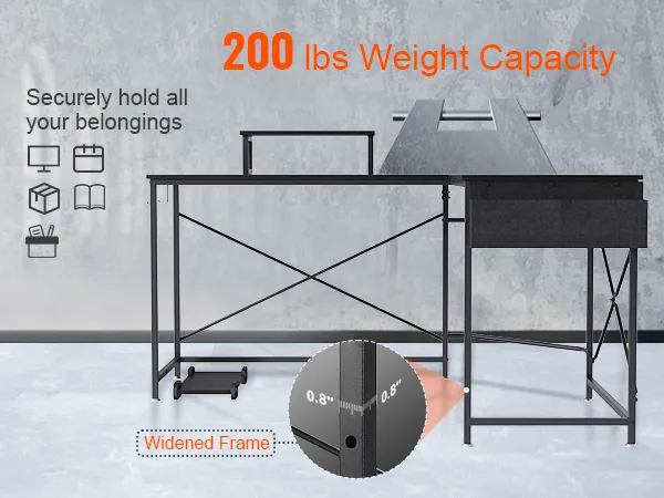 VEVOR l shaped computer desk with widened frame, 200 lbs weight capacity, and ample storage space.