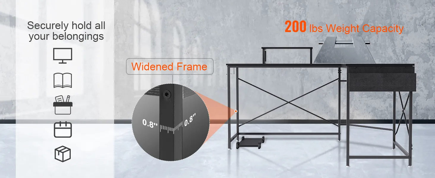 VEVOR l shaped computer desk with widened frame, 200 lbs weight capacity, and ample storage space.