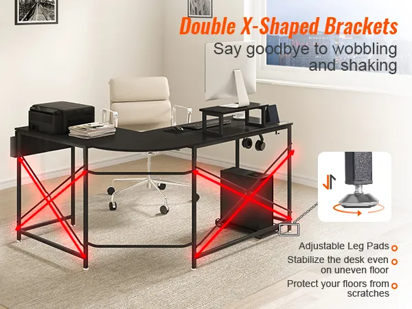 modern VEVOR l shaped computer desk with double x-shaped brackets, white chair, and city view background.