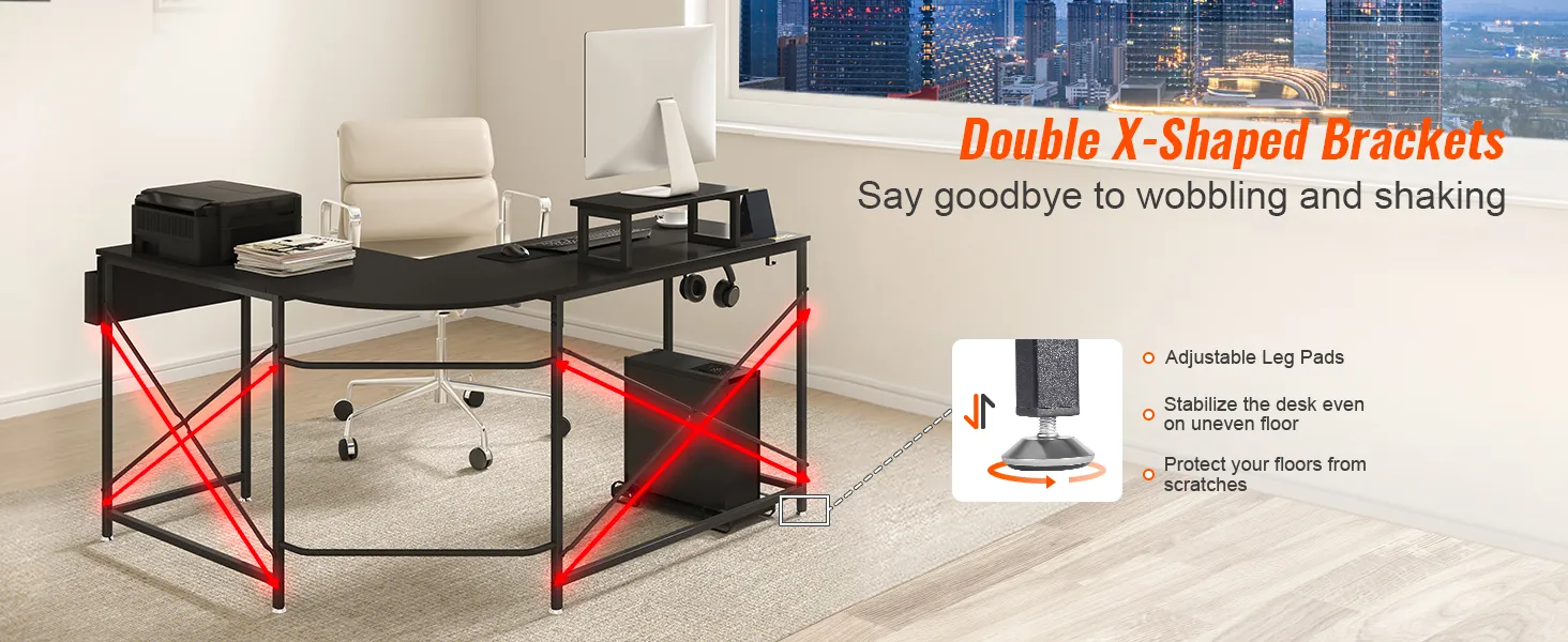 modern VEVOR l shaped computer desk with double x-shaped brackets, white chair, and city view background.