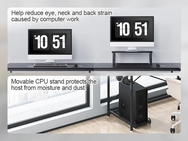 VEVOR l shaped computer desk with monitor stand and movable cpu stand for moisture and dust protection.