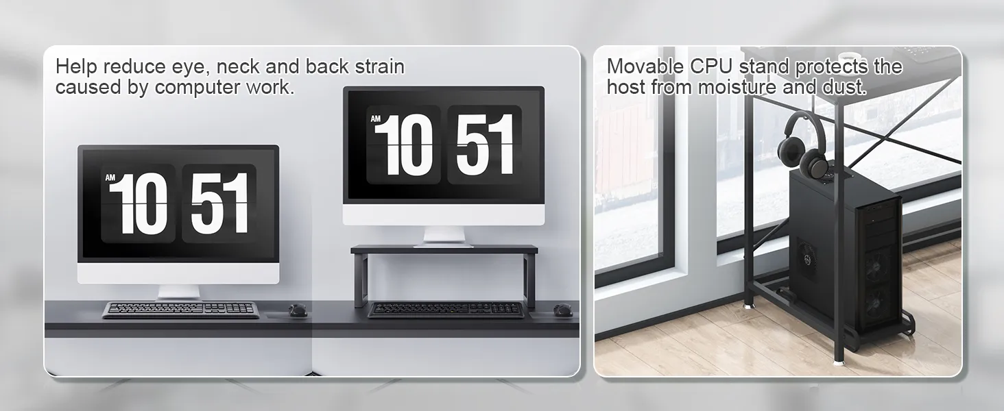 VEVOR l shaped computer desk with monitor stand and movable cpu stand for moisture and dust protection.