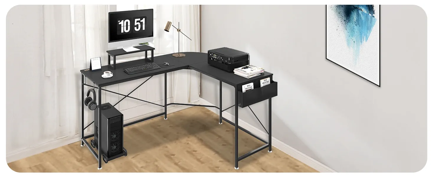 modern VEVOR l shaped computer desk with monitor, keyboard, printer, lamp, and office accessories.